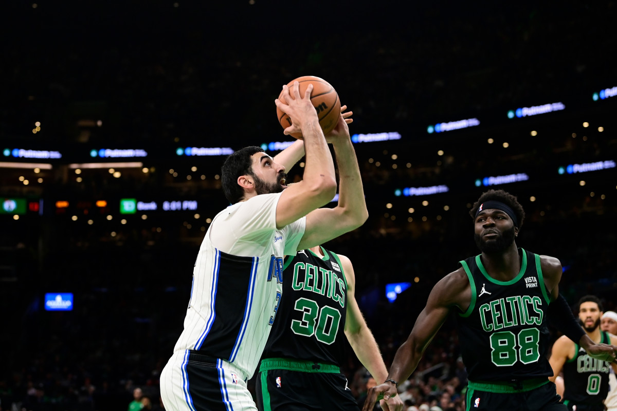 Dec 15, 2023; Boston, Massachusetts, USA; Orlando Magic center Goga Bitadze (35) shoots against the Boston Celtics during the first half at TD Garden.